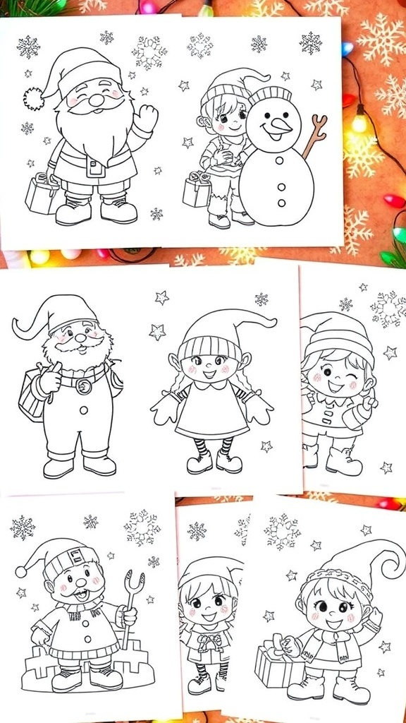 A variety of Christmas coloring pages with characters like Santa, snowman, and elves, ready for coloring.